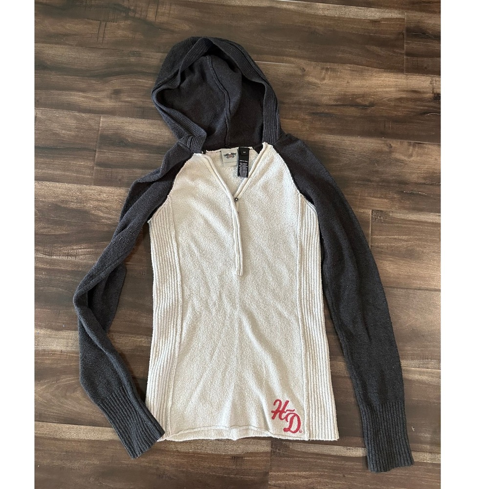 Harley-Davidson Womens Cream Charcoal Henley Raglan Hoodie Top Size M 2012